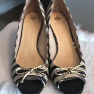 Kate Spade striped peep toe wedges